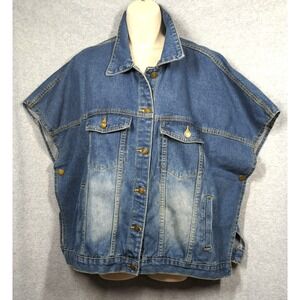 Denim Jacket Poncho Cape Women 2X Blue Pockets Distressed Boho Layering Prairie